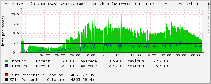 Ethernet1/6 - (3120000246) AMAZON (AWS) 100 Gbps (AS16509) (TELEHOUSE) [61.19.60.97] (Po1100)